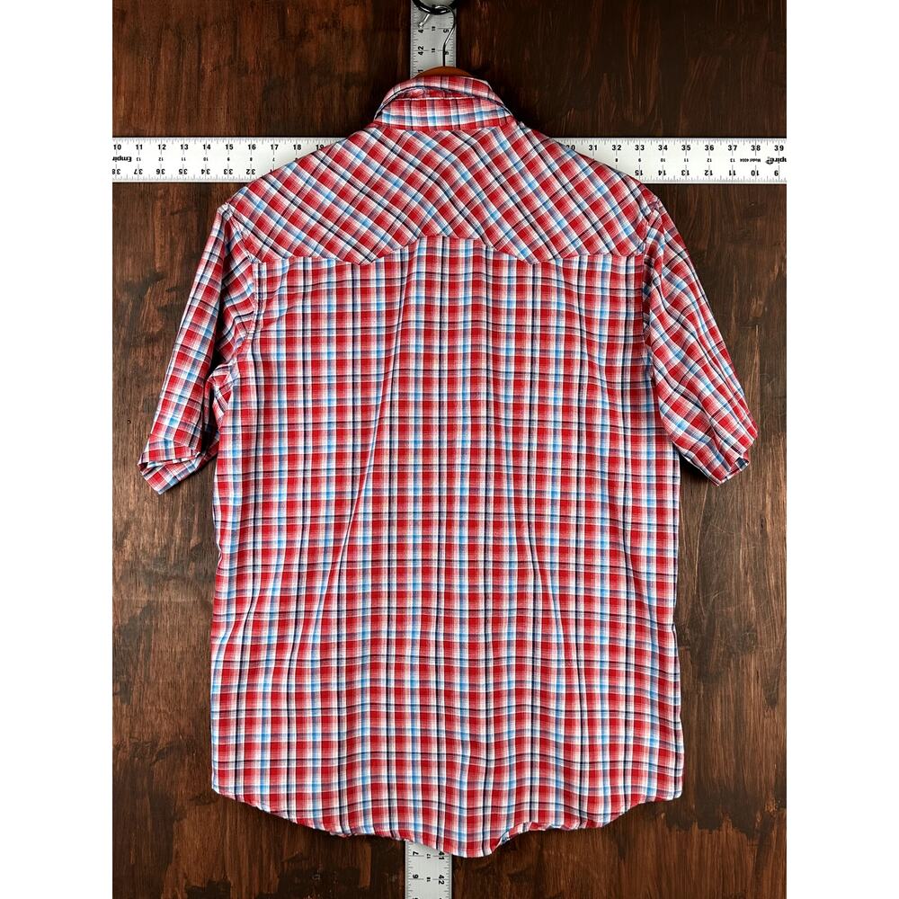Wrangler Wrancher Short Sleeve Pearl Snap Shirt Plaid Red Blue Men Large Vintage - Picture 6 of 6